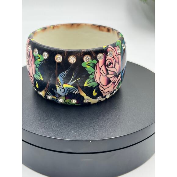 Ed Hardy Vintage Pink Roses Love Peace Tattoo Rhinestone Lucite Bangle Bracelet - Picture 8 of 9